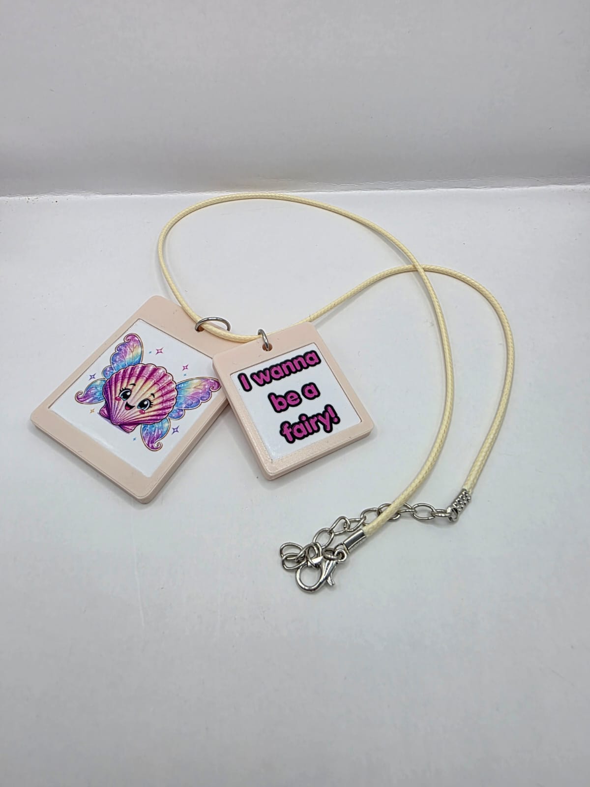Fun Scallop Shell with Fairy Wings Seaside Theme Lightweight Picture Necklace with Double Pendant. I want to be a fairy