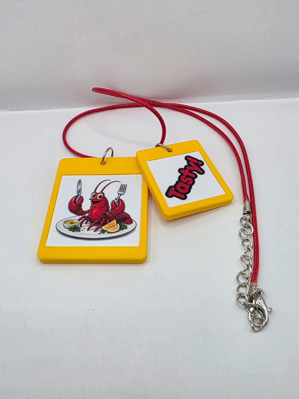Fun Lobster Seaside Theme Lightweight Picture Necklace with Double Pendant. Tasty!