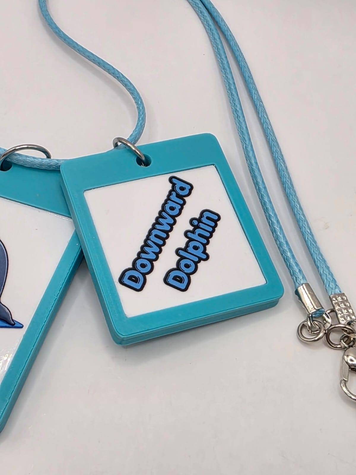 Fun Yoga Dolphin Seaside Theme Lightweight Picture Necklace with Double Pendant. Downward Dolphin