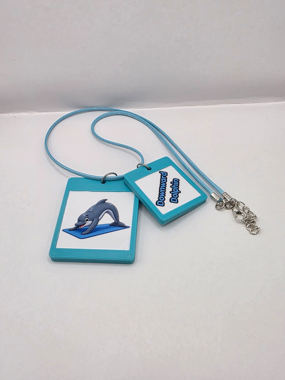 Fun Yoga Dolphin Seaside Theme Lightweight Picture Necklace with Double Pendant. Downward Dolphin