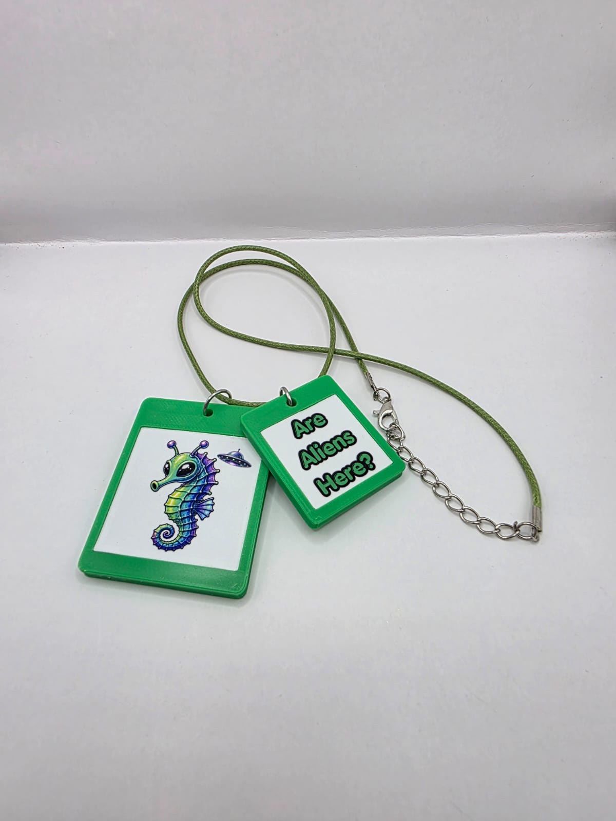 Fun Alien Seahorse Seaside Theme Lightweight Picture Necklace with Double Pendant. Are Aliens Here?
