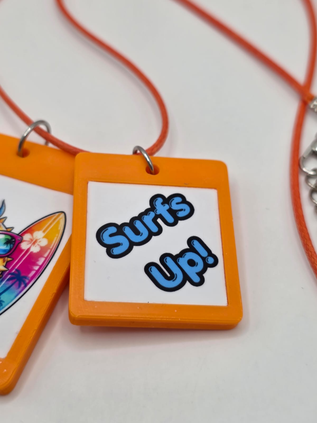 Fun Surfer Pufferfish Seaside Theme Lightweight Picture Necklace with Double Pendant. Surfs Up!