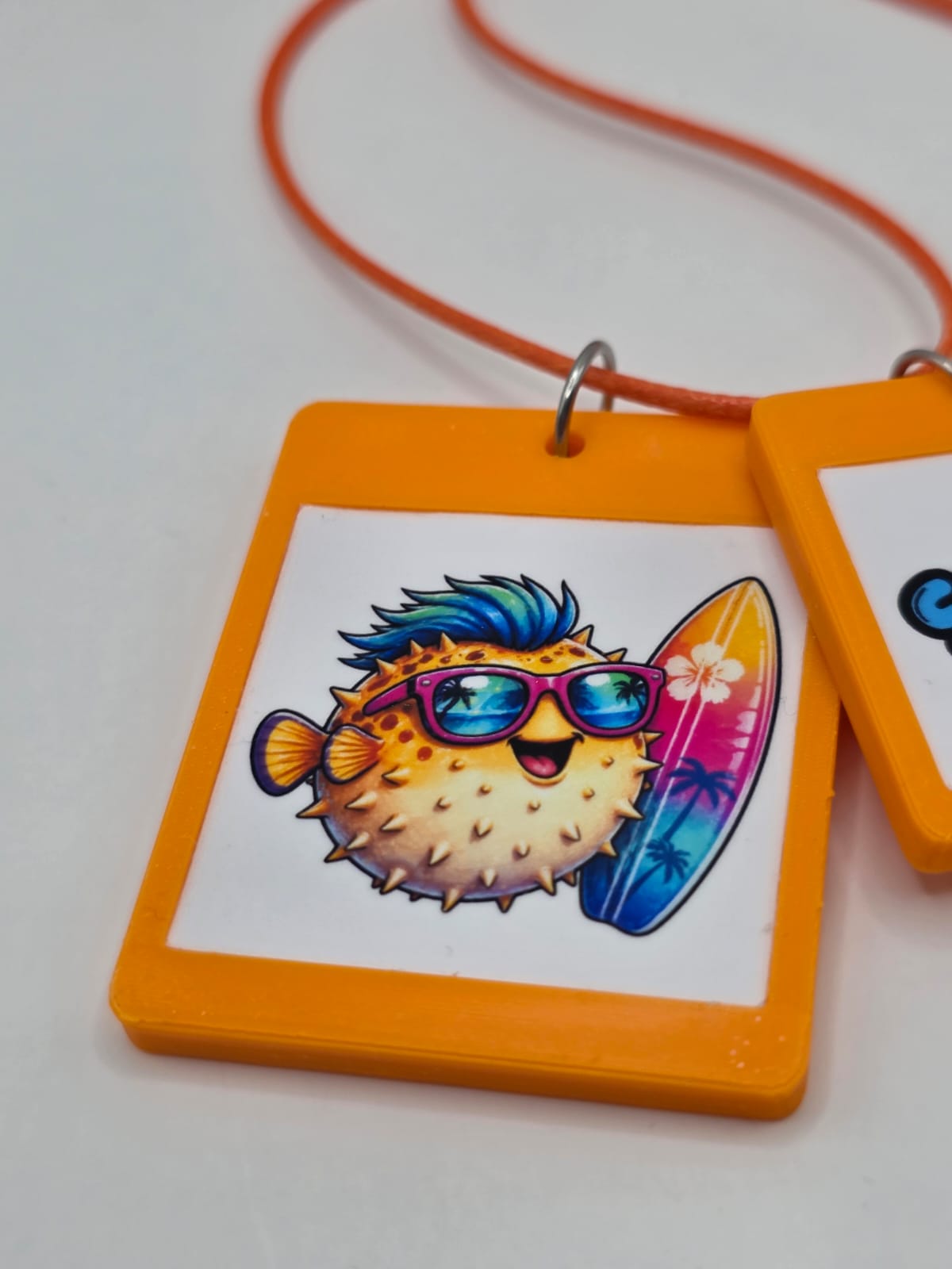 Fun Surfer Pufferfish Seaside Theme Lightweight Picture Necklace with Double Pendant. Surfs Up!