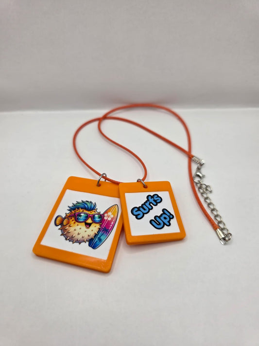 Fun Surfer Pufferfish Seaside Theme Lightweight Picture Necklace with Double Pendant. Surfs Up!