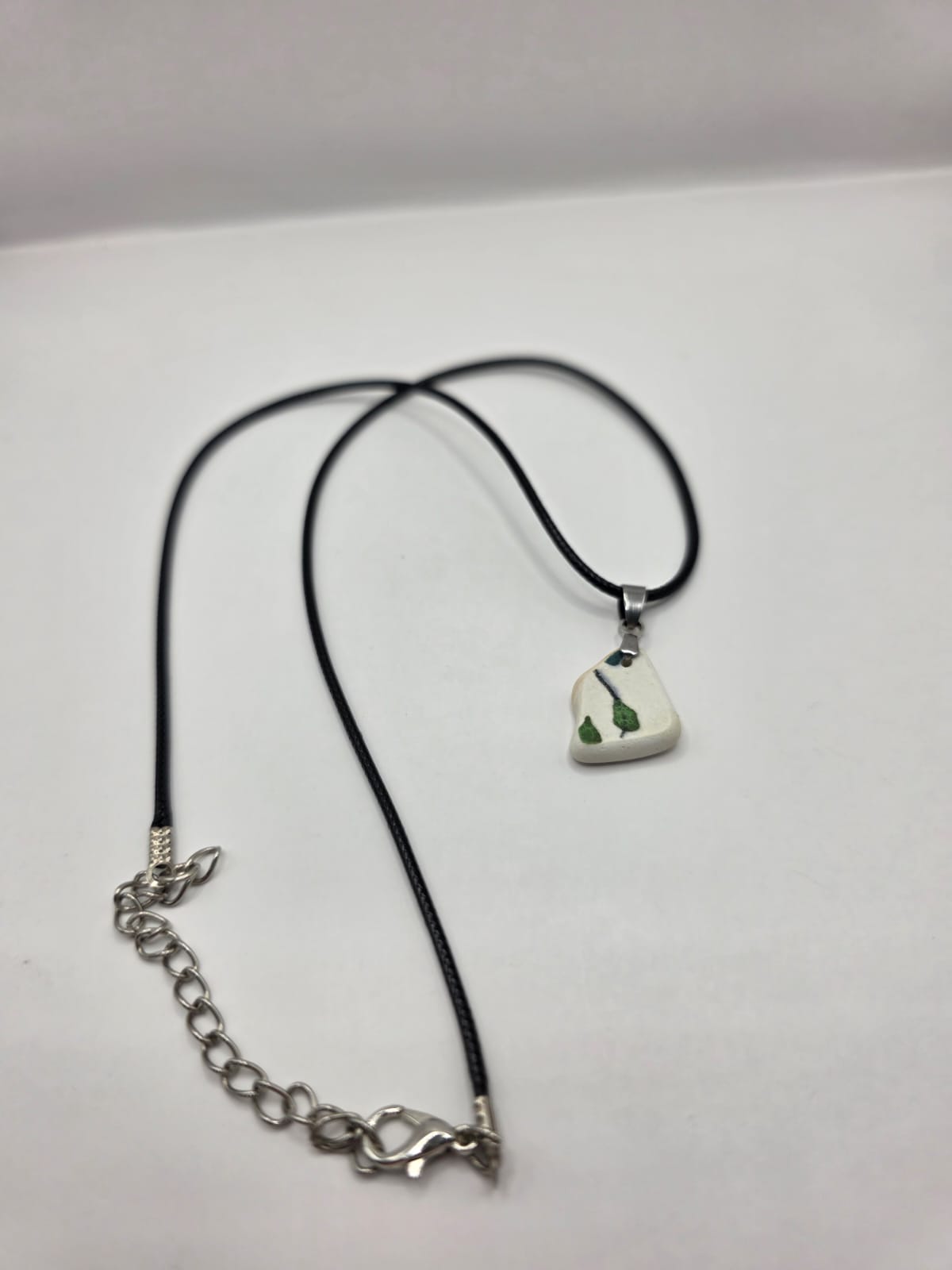 Sea pottery pendant necklace on a black waxed cord adjustable necklace