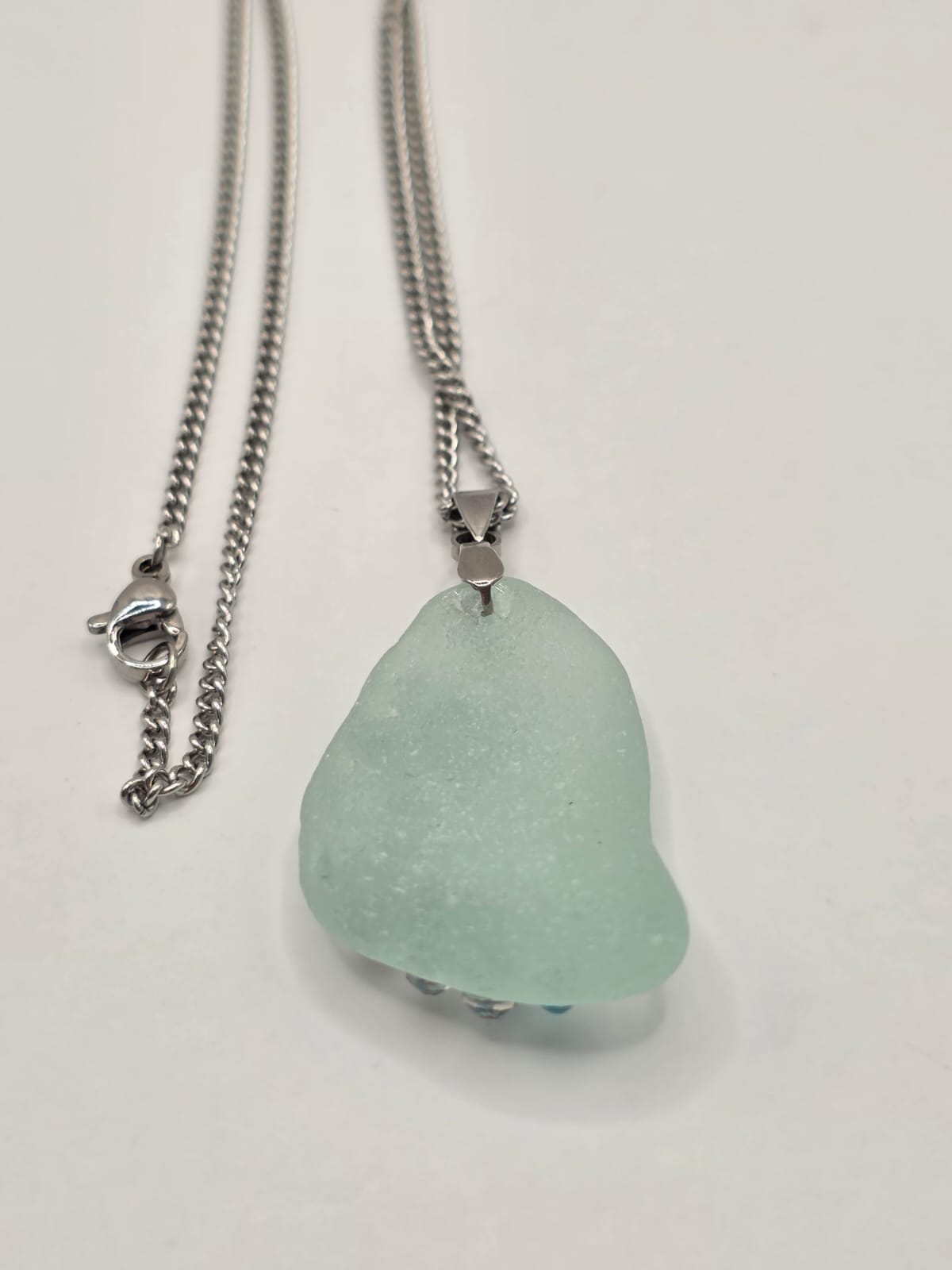 Genuine Sea Glass Necklace with Sparkling Rhinestones, Hand-Collected Frosted Sea Glass Pendant