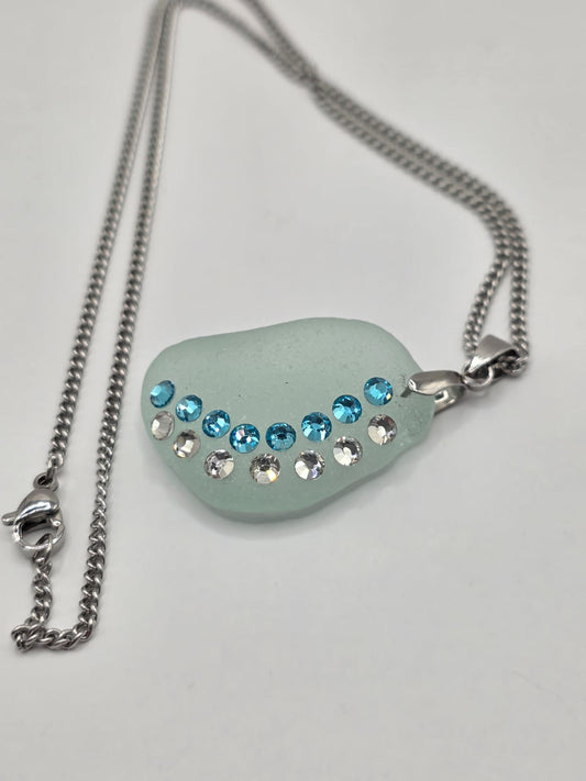 Genuine Sea Glass Necklace with Sparkling Rhinestones, Hand-Collected Frosted Sea Glass Pendant