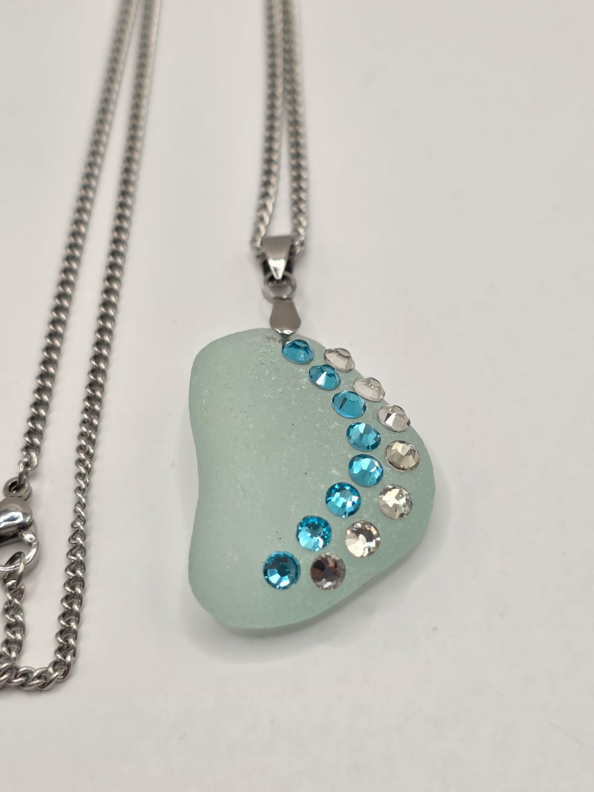 Genuine Sea Glass Necklace with Sparkling Rhinestones, Hand-Collected Frosted Sea Glass Pendant