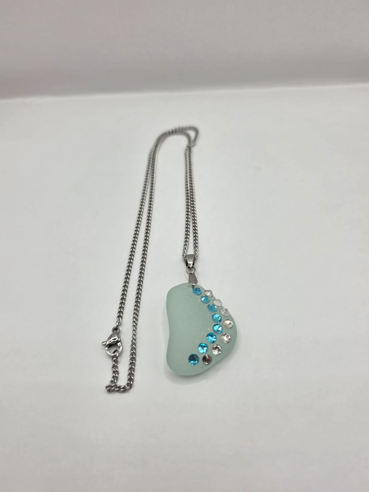 Genuine Sea Glass Necklace with Sparkling Rhinestones, Hand-Collected Frosted Sea Glass Pendant