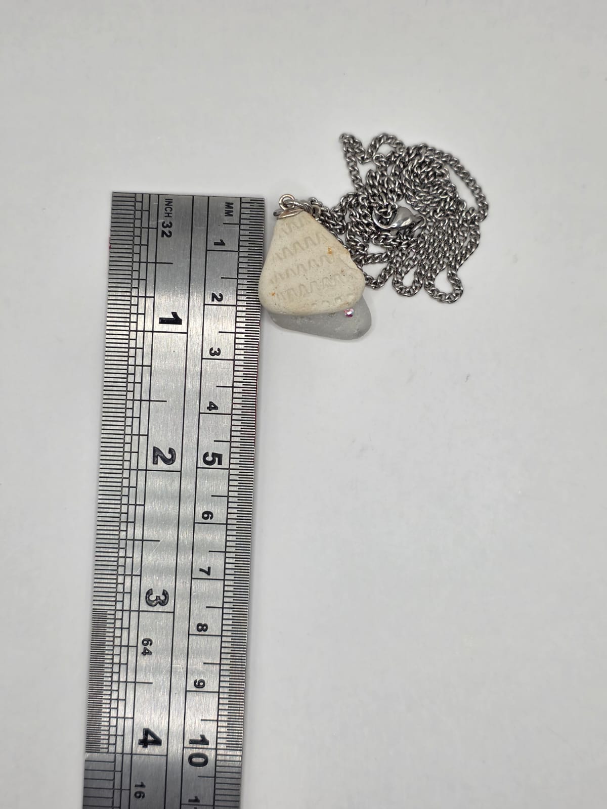 Genuine Sea Glass & Sea Pottery Necklace with Sparkling Rhinestones, Hand-Collected Frosted Sea Glass Double Pendant