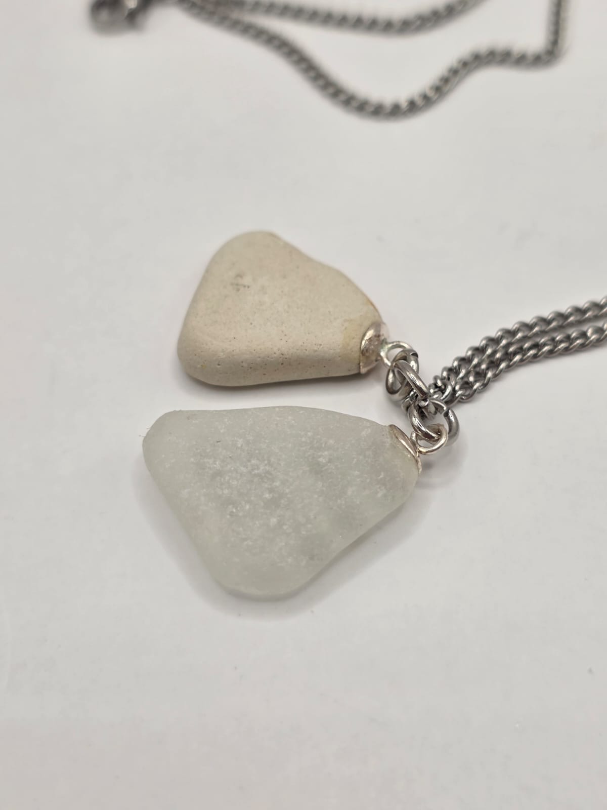 Genuine Sea Glass & Sea Pottery Necklace with Sparkling Rhinestones, Hand-Collected Frosted Sea Glass Double Pendant