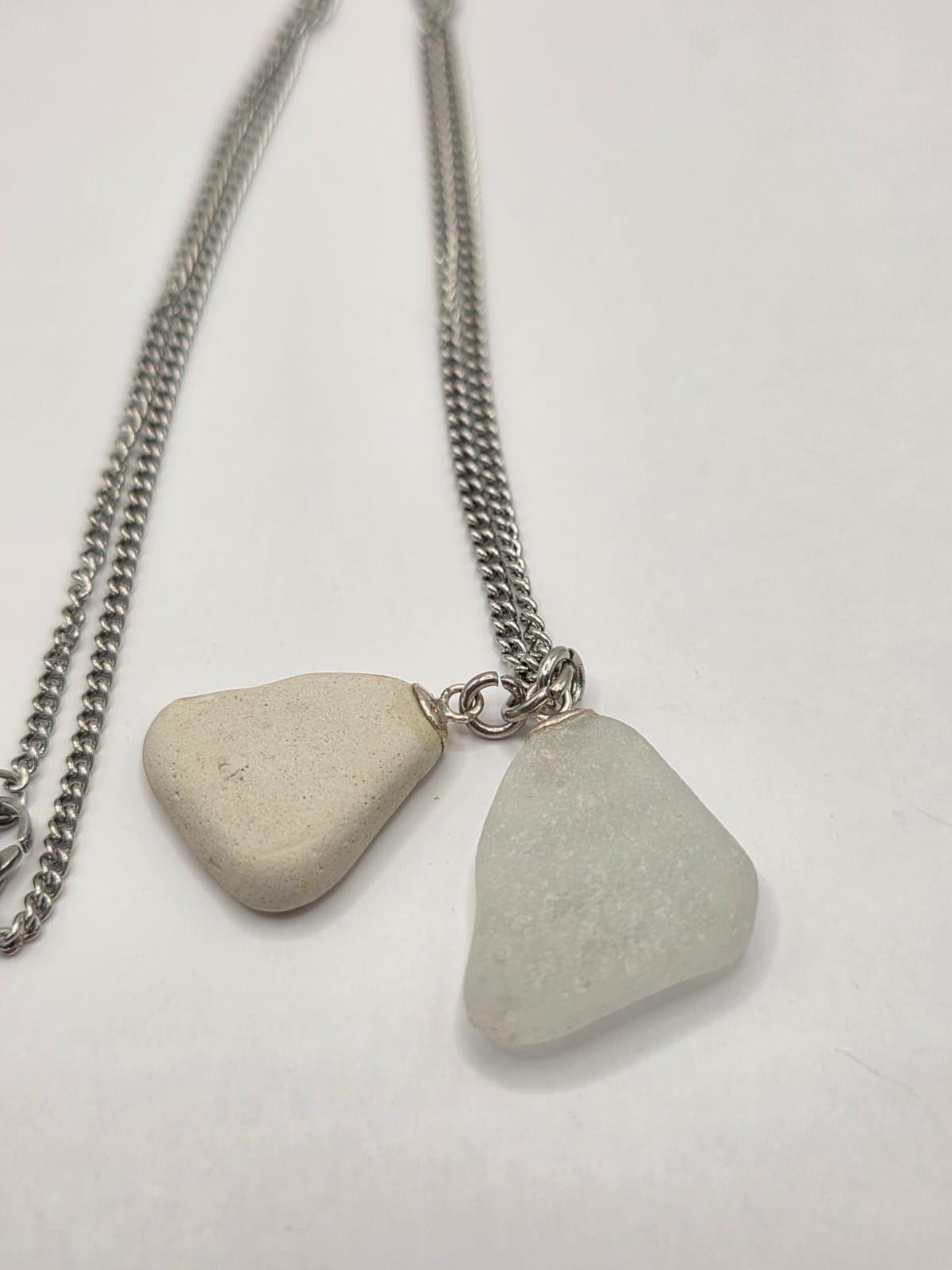 Genuine Sea Glass & Sea Pottery Necklace with Sparkling Rhinestones, Hand-Collected Frosted Sea Glass Double Pendant