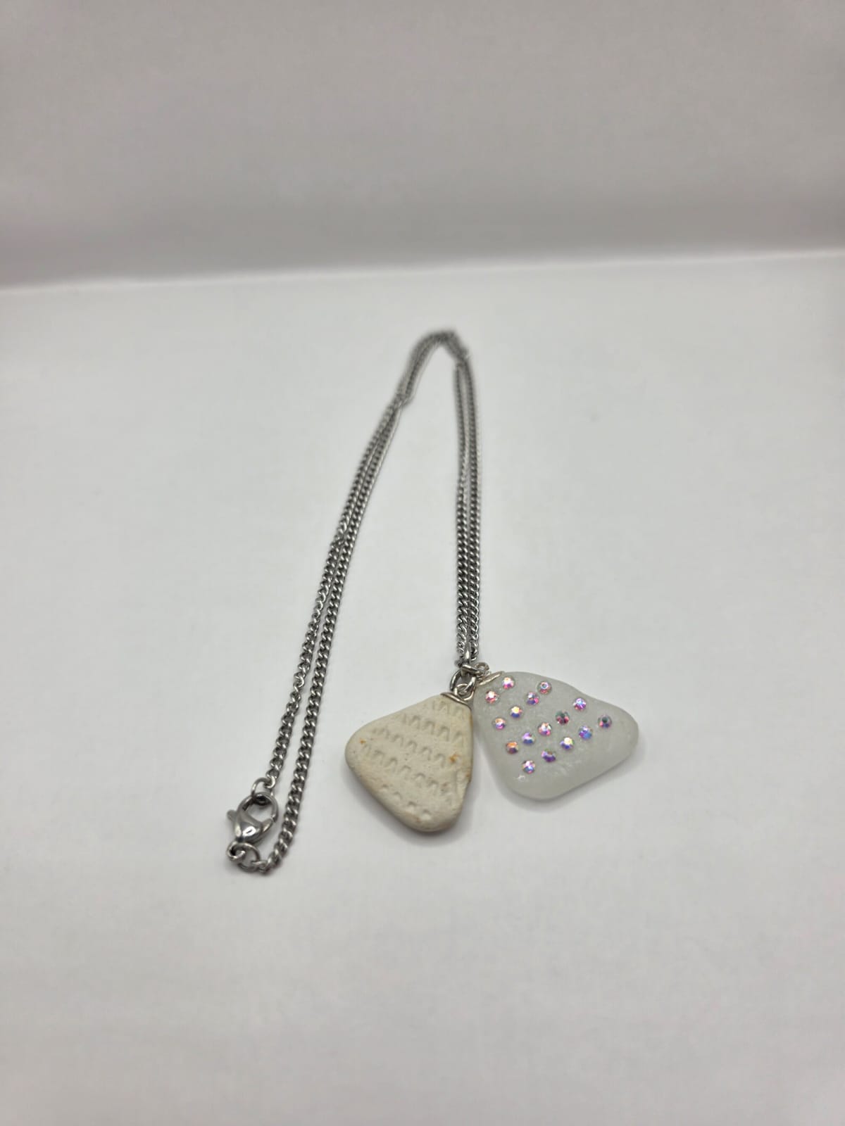 Genuine Sea Glass & Sea Pottery Necklace with Sparkling Rhinestones, Hand-Collected Frosted Sea Glass Double Pendant