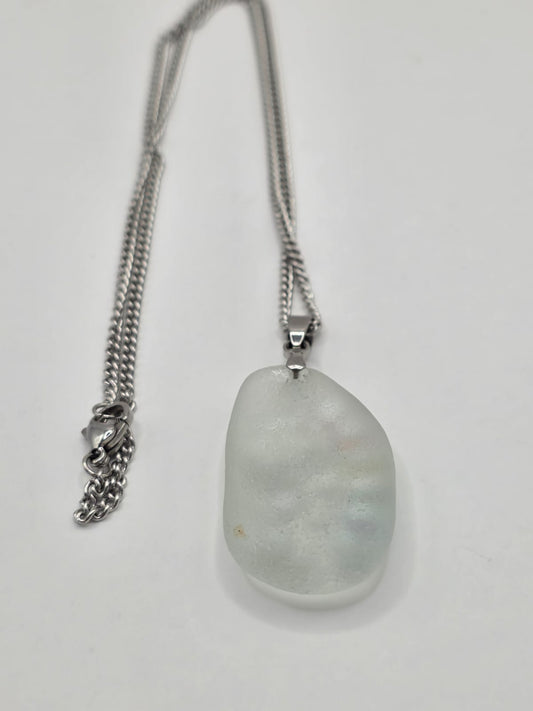 Genuine Sea Glass Necklace with Sparkling Rhinestones, Hand-Collected Frosted Sea Glass Pendant