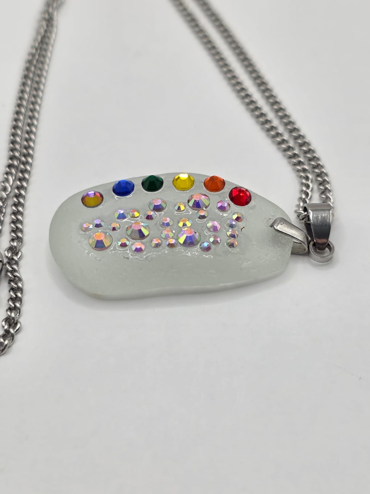 Genuine Sea Glass Necklace with Sparkling Rhinestones, Hand-Collected Frosted Sea Glass Pendant