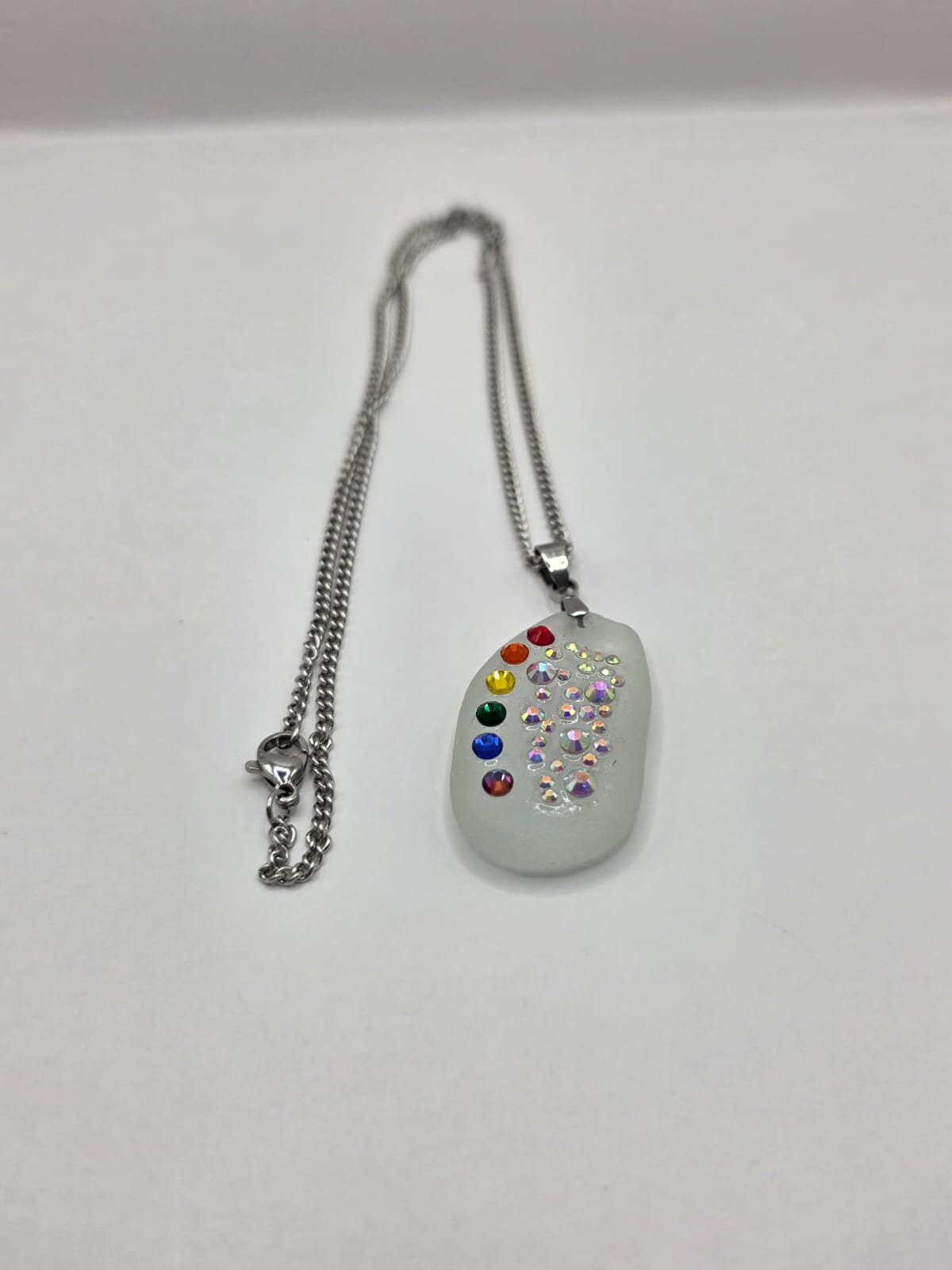 Genuine Sea Glass Necklace with Sparkling Rhinestones, Hand-Collected Frosted Sea Glass Pendant