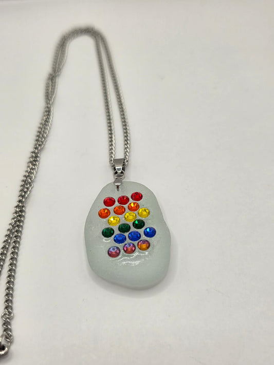 Genuine Sea Glass Necklace with Sparkling Rhinestones, Hand-Collected Frosted Sea Glass Pendant