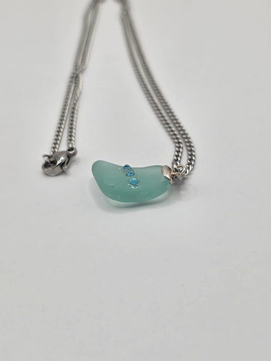 Genuine Sea Glass Necklace with Sparkling Rhinestones, Hand-Collected Frosted Sea Glass Pendant