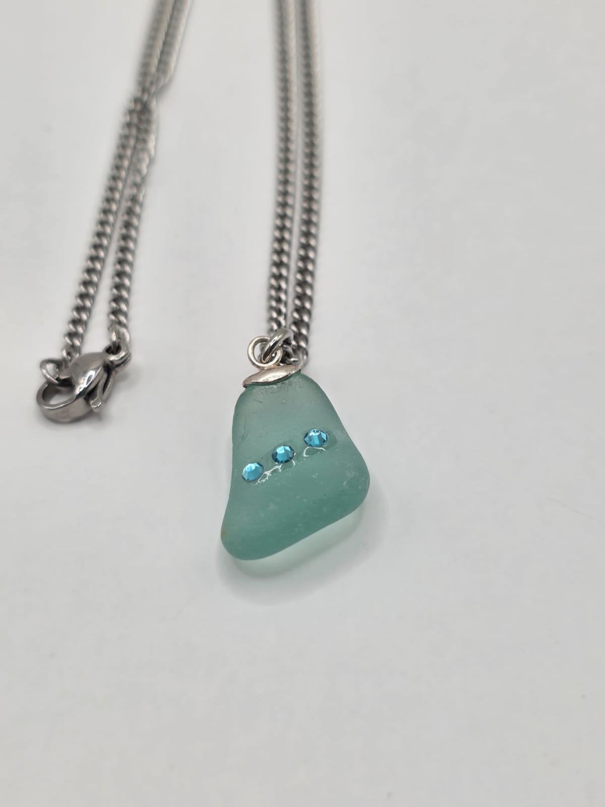 Genuine Sea Glass Necklace with Sparkling Rhinestones, Hand-Collected Frosted Sea Glass Pendant