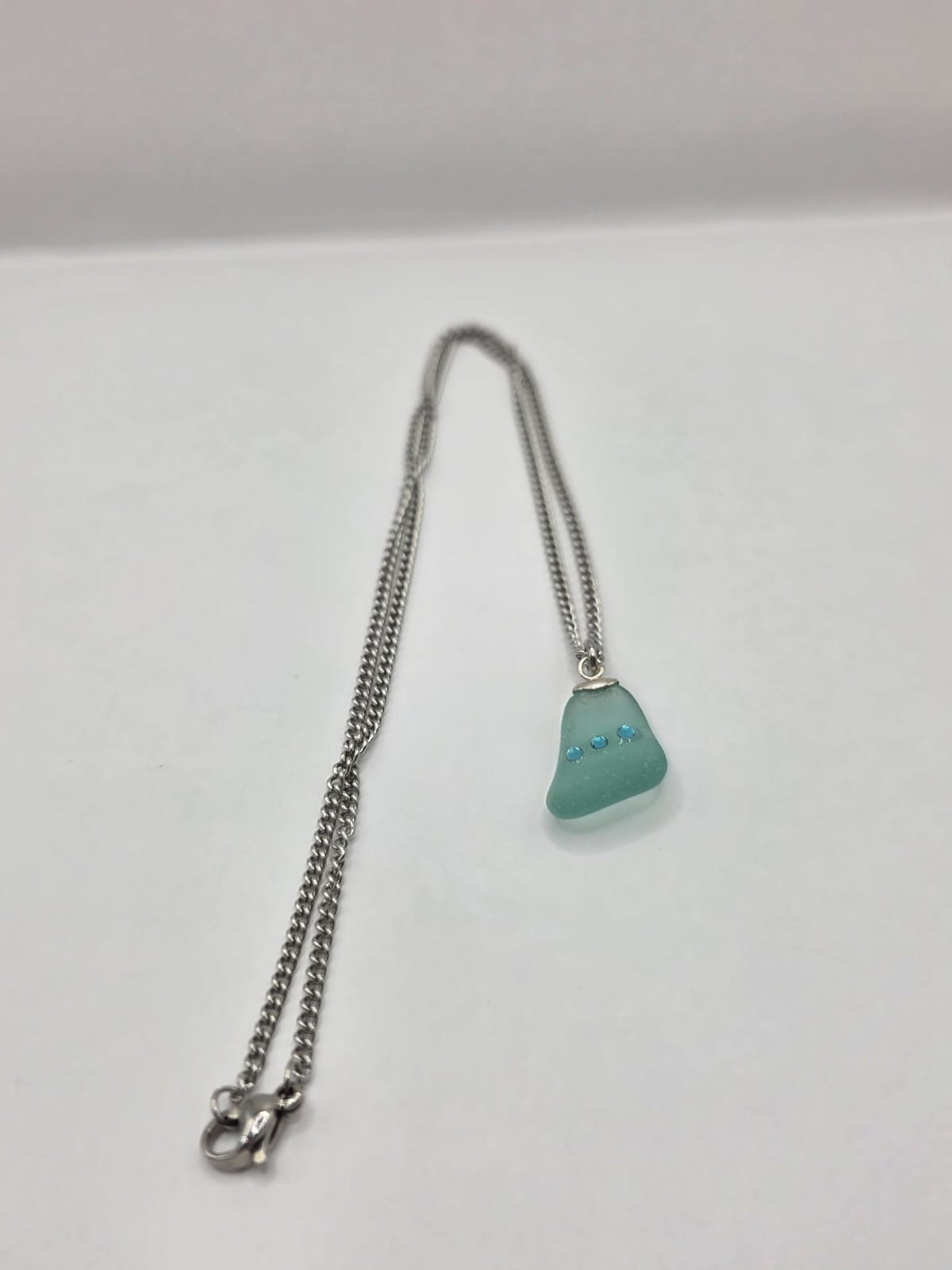Genuine Sea Glass Necklace with Sparkling Rhinestones, Hand-Collected Frosted Sea Glass Pendant