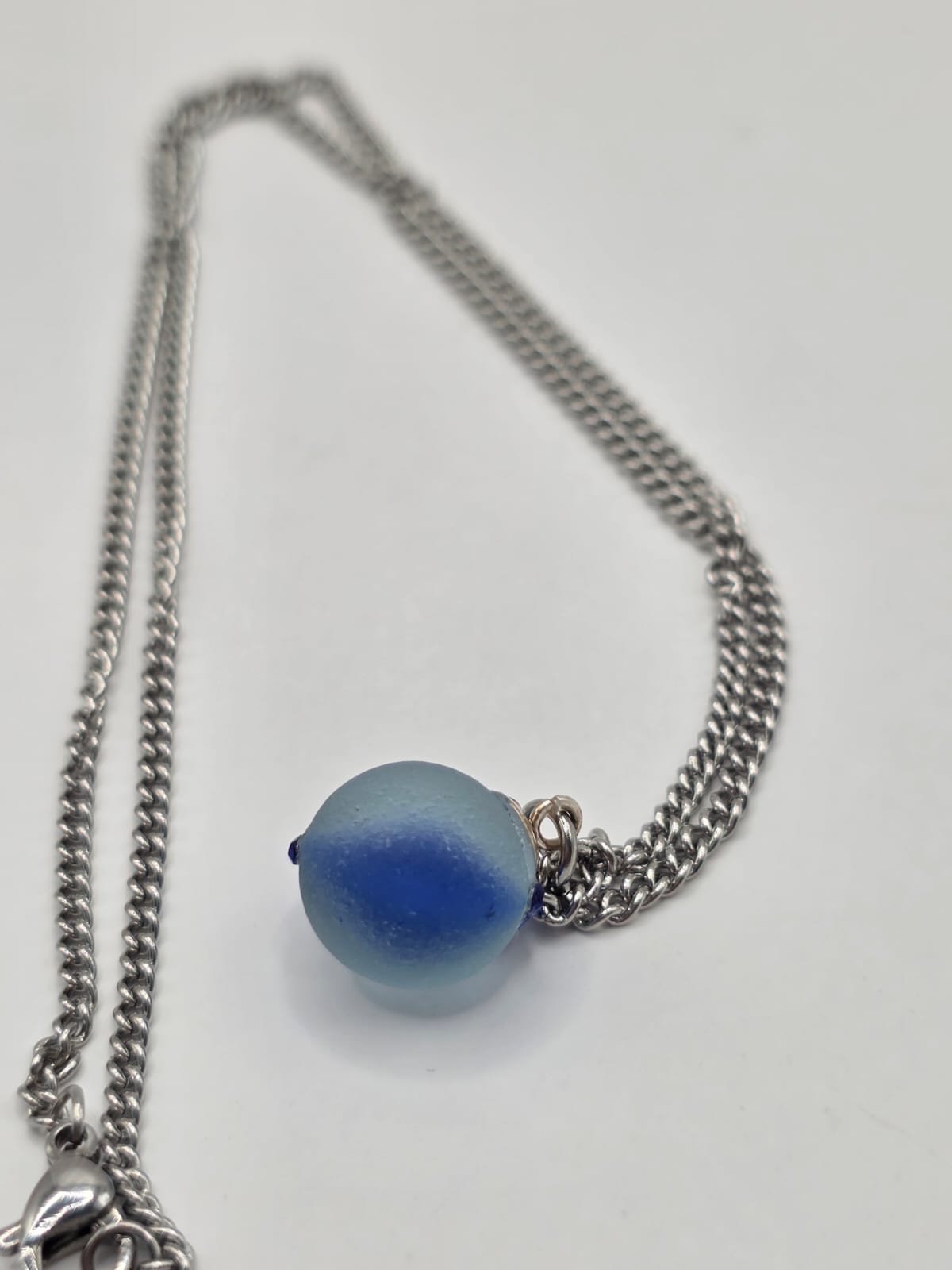 Genuine Sea Glass Blue Marble Necklace with Sparkling Rhinestones, Hand-Collected Frosted Sea Glass Pendant