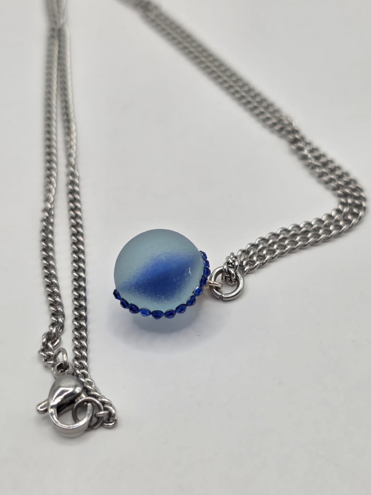 Genuine Sea Glass Blue Marble Necklace with Sparkling Rhinestones, Hand-Collected Frosted Sea Glass Pendant
