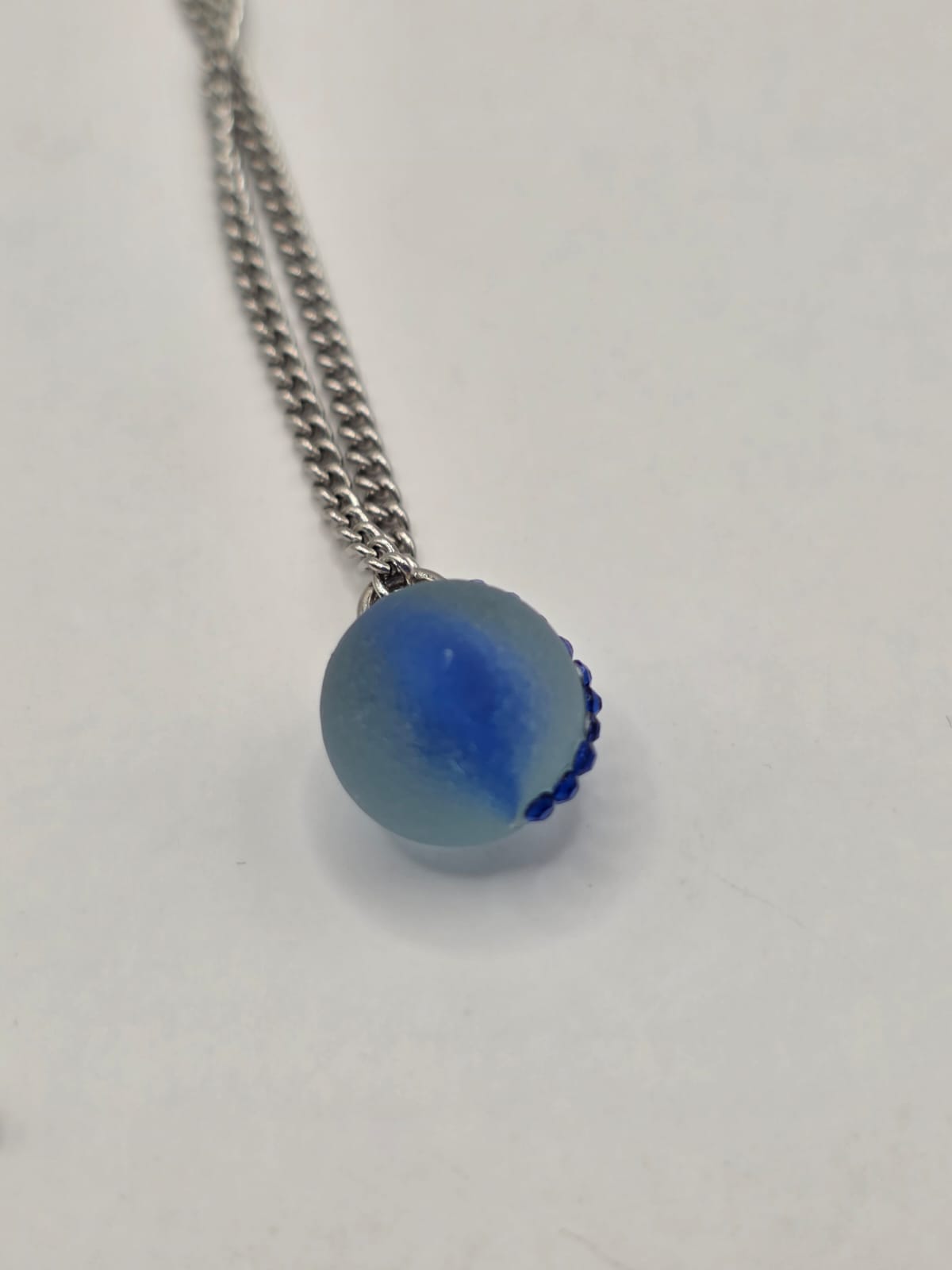 Genuine Sea Glass Blue Marble Necklace with Sparkling Rhinestones, Hand-Collected Frosted Sea Glass Pendant
