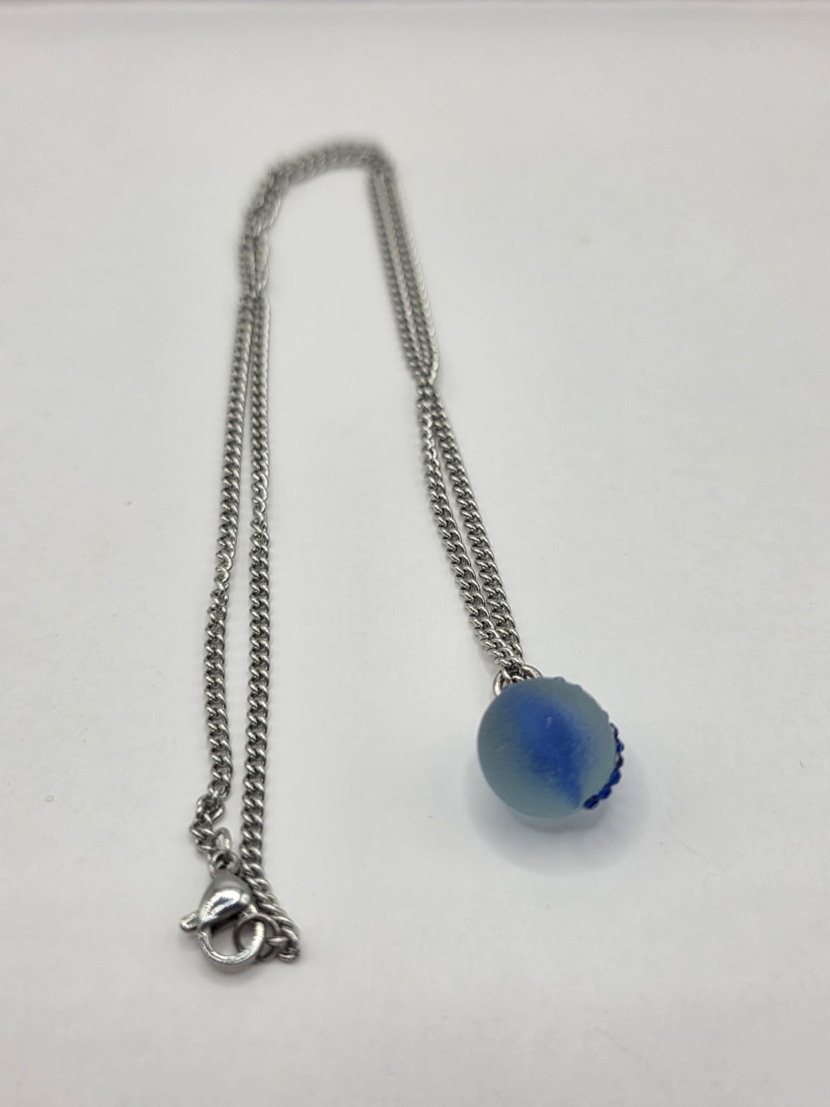 Genuine Sea Glass Blue Marble Necklace with Sparkling Rhinestones, Hand-Collected Frosted Sea Glass Pendant
