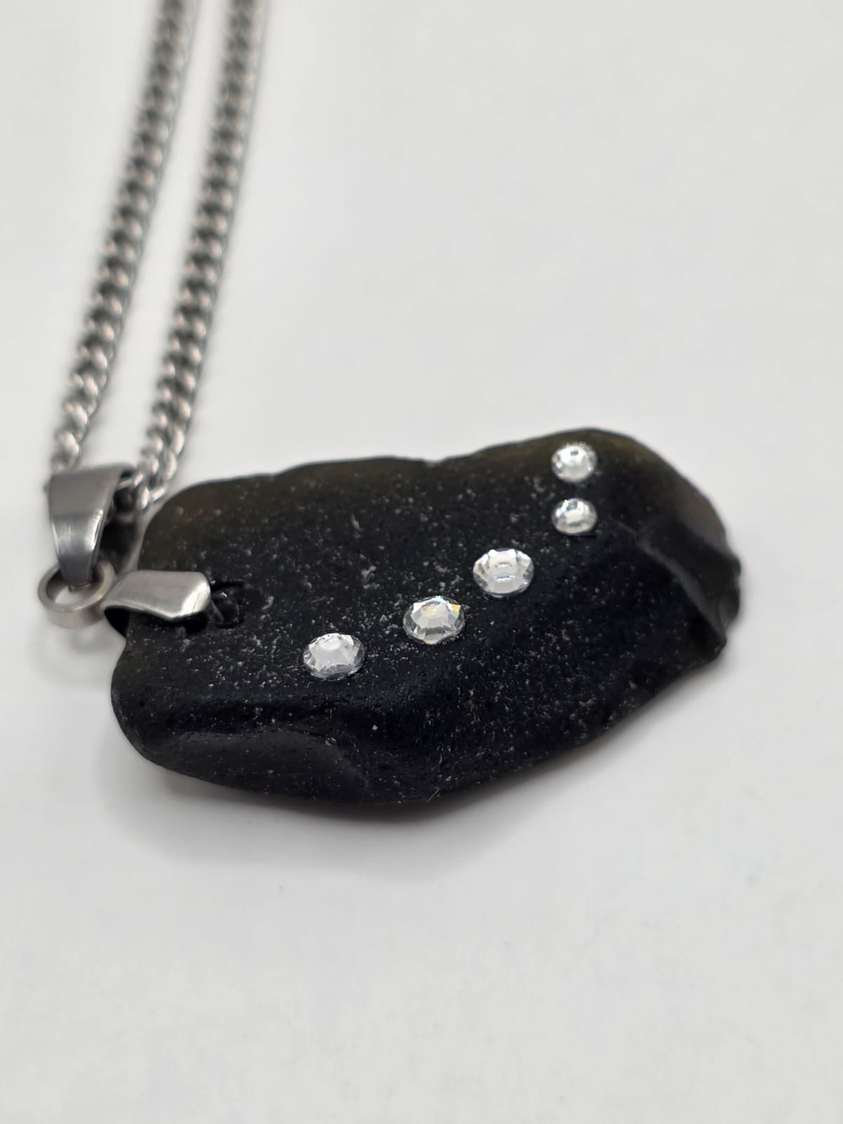 Genuine Black Sea Glass  Necklace with Sparkling Rhinestones, Hand-Collected Frosted Sea Glass Pendant
