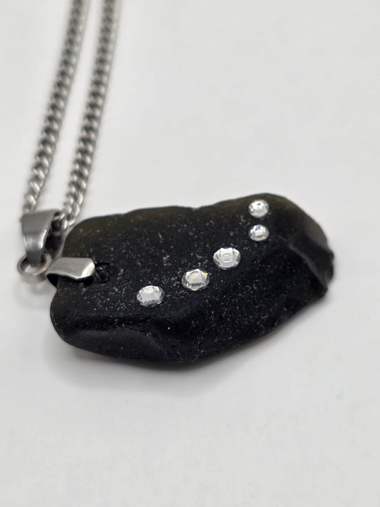 Genuine Black Sea Glass  Necklace with Sparkling Rhinestones, Hand-Collected Frosted Sea Glass Pendant