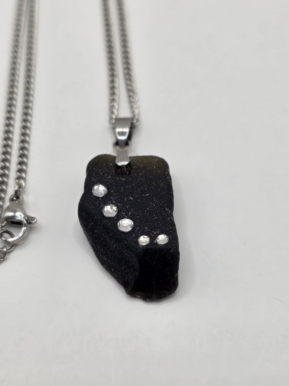 Genuine Black Sea Glass  Necklace with Sparkling Rhinestones, Hand-Collected Frosted Sea Glass Pendant