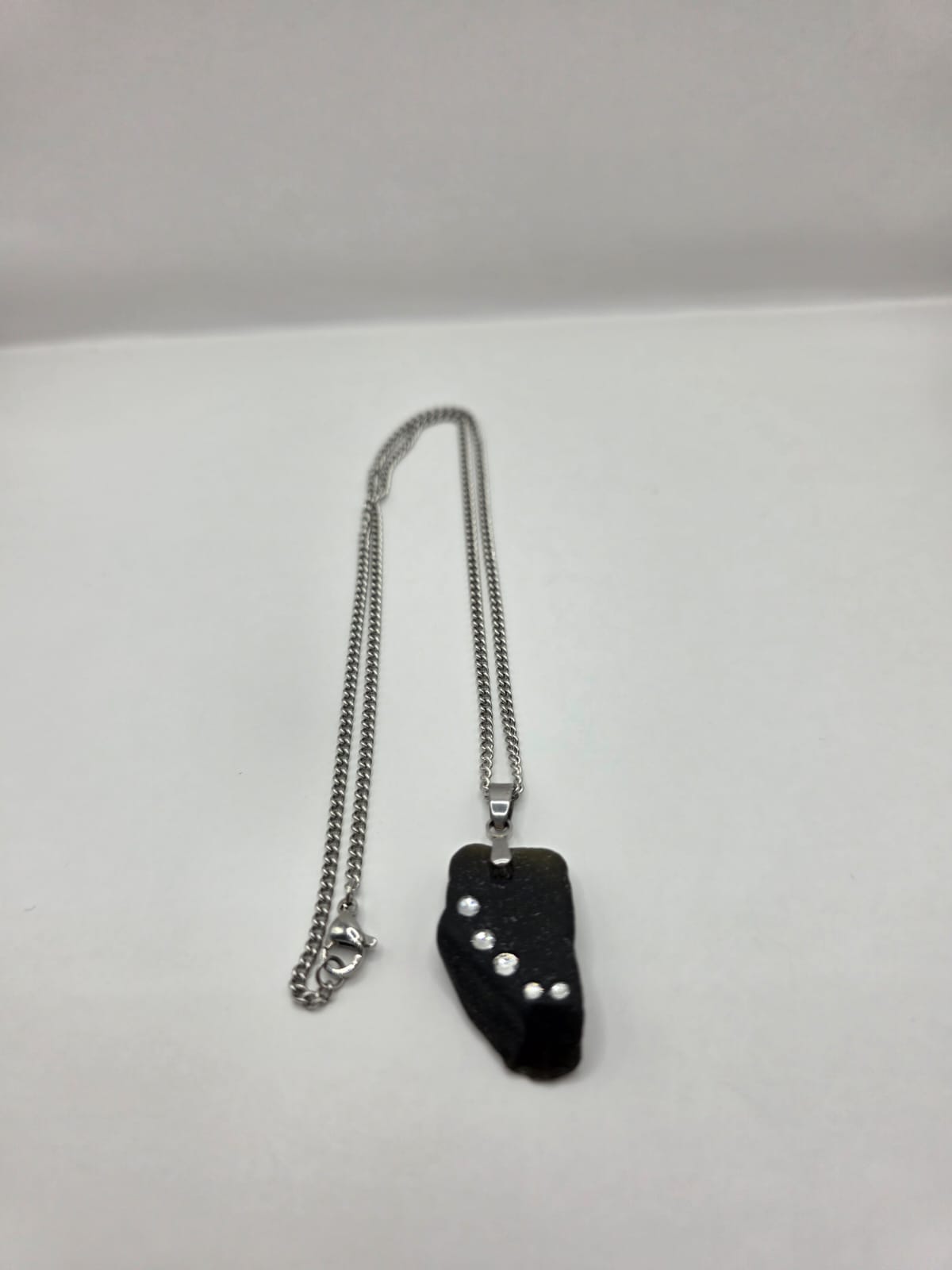 Genuine Black Sea Glass  Necklace with Sparkling Rhinestones, Hand-Collected Frosted Sea Glass Pendant