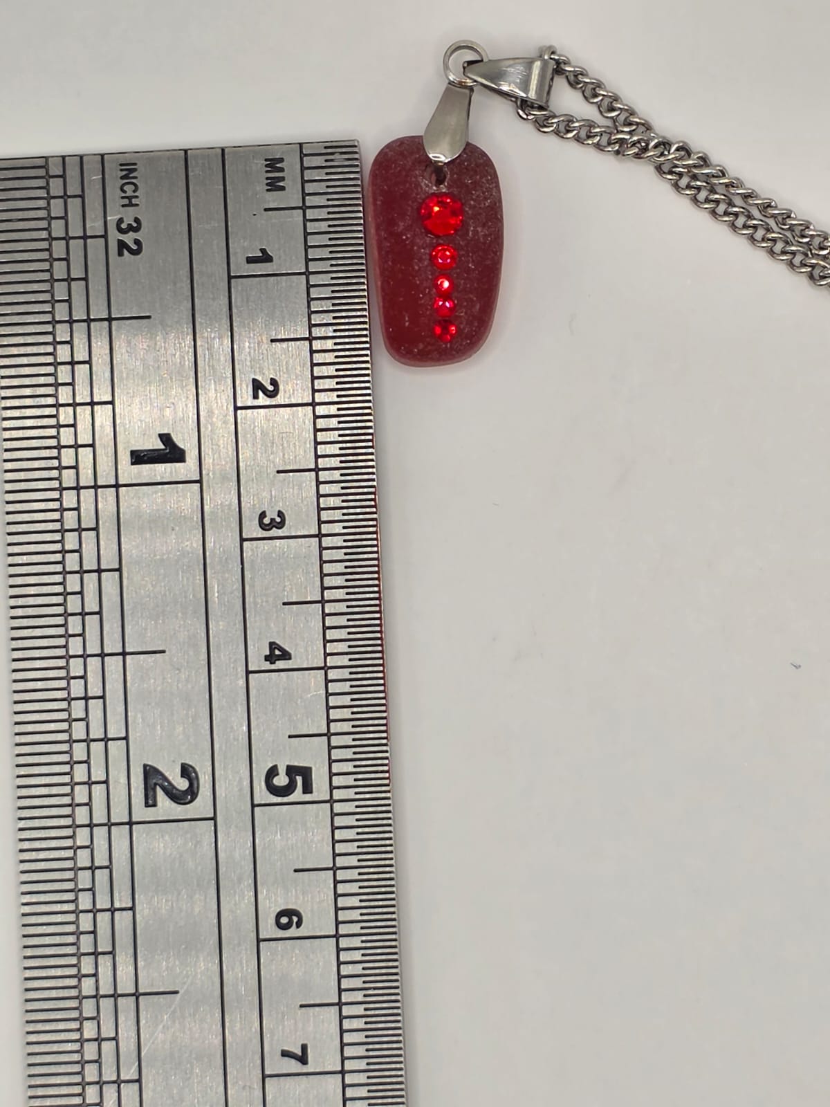 Genuine Red Multi Sea Glass  Necklace with Sparkling Rhinestones, Hand-Collected Frosted Sea Glass Pendant