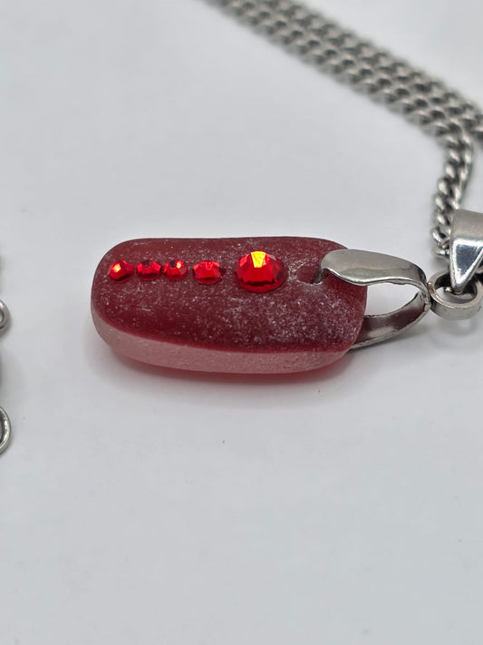 Genuine Red Multi Sea Glass  Necklace with Sparkling Rhinestones, Hand-Collected Frosted Sea Glass Pendant