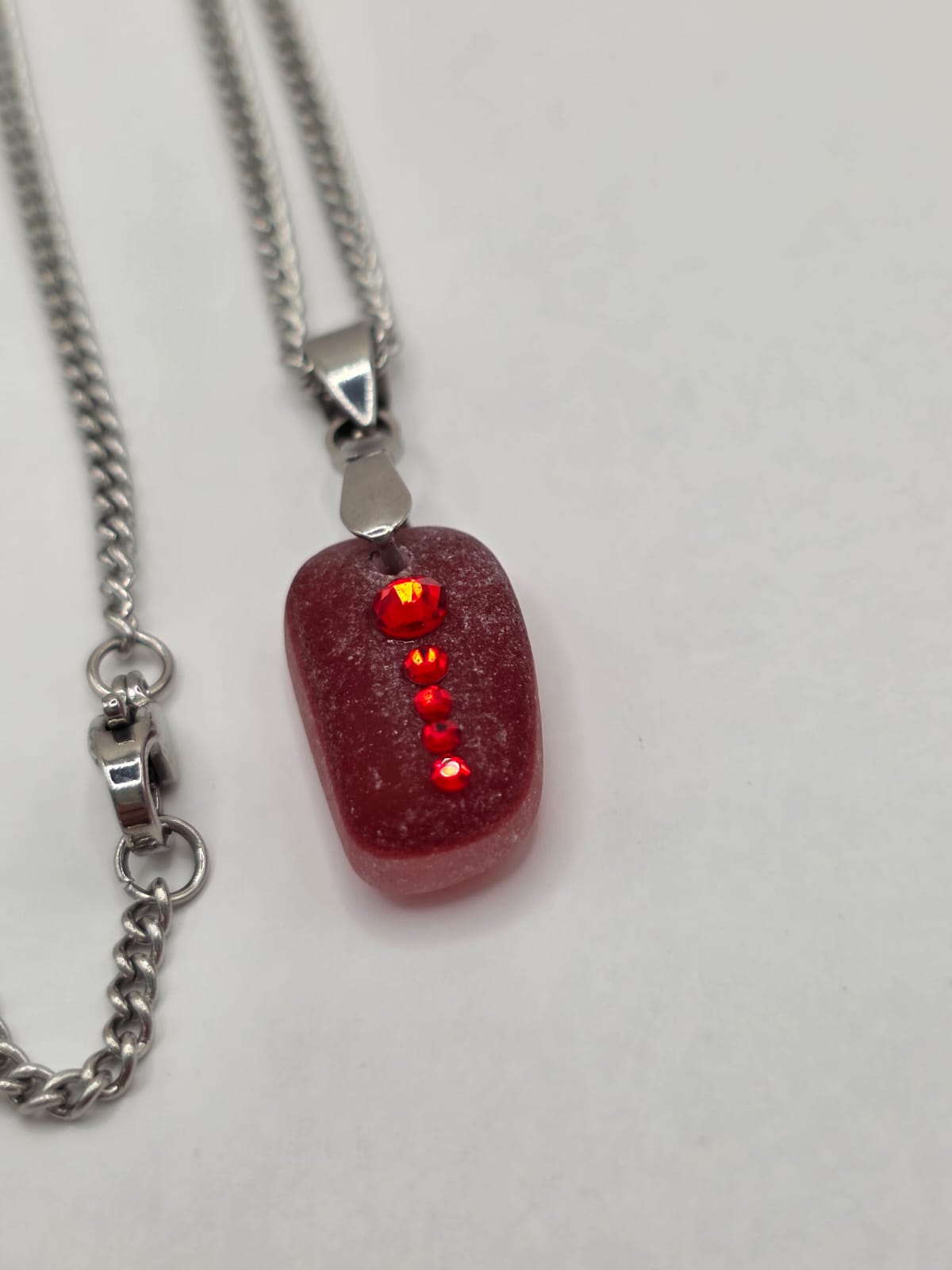 Genuine Red Multi Sea Glass  Necklace with Sparkling Rhinestones, Hand-Collected Frosted Sea Glass Pendant