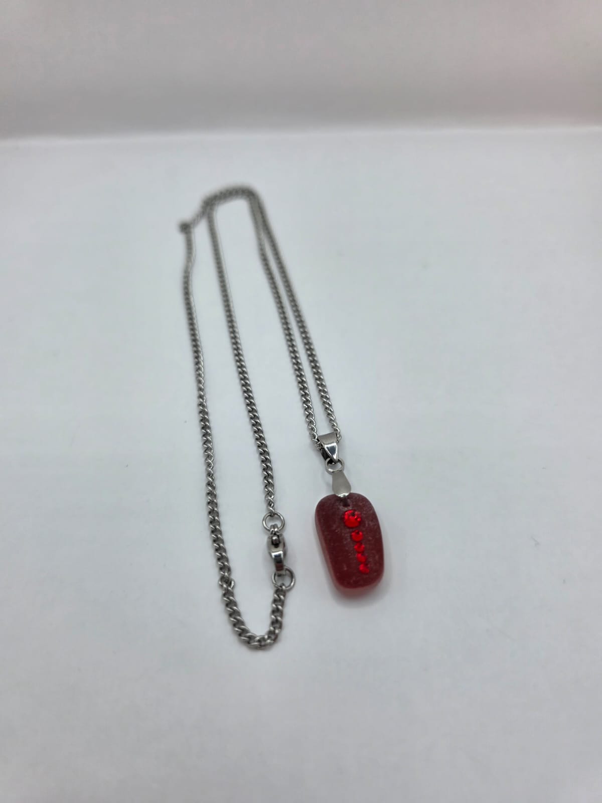 Genuine Red Multi Sea Glass  Necklace with Sparkling Rhinestones, Hand-Collected Frosted Sea Glass Pendant