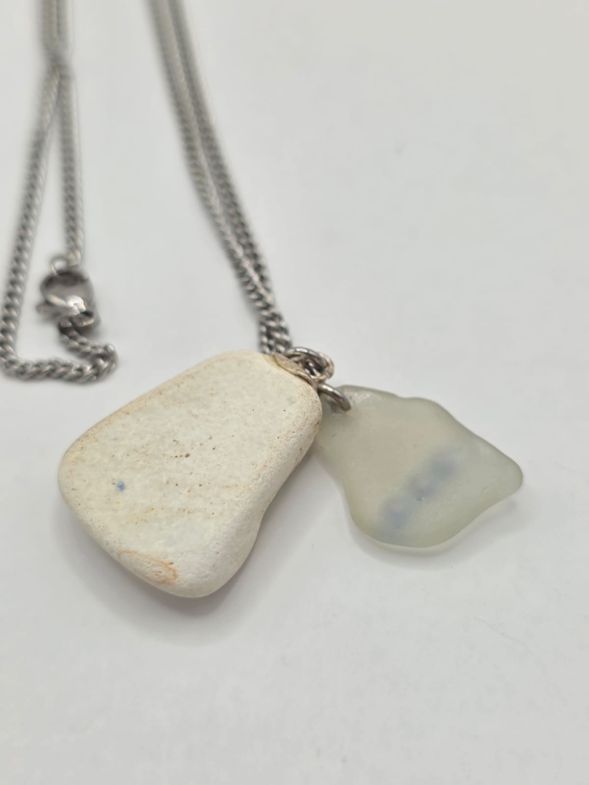 Genuine Sea Glass & Sea Pottery Necklace with Sparkling Rhinestones, Hand-Collected Frosted Sea Glass Double Pendant
