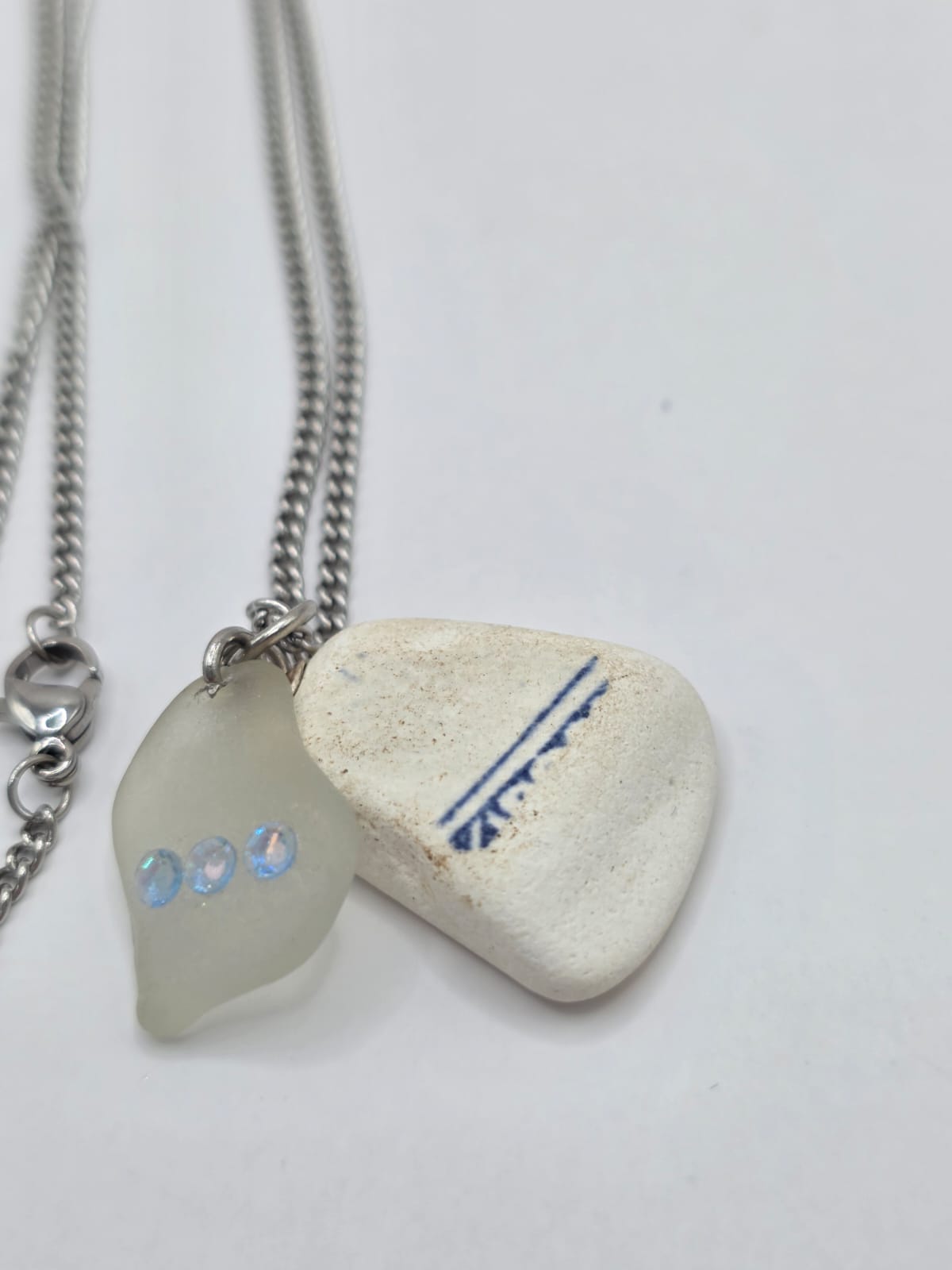 Genuine Sea Glass & Sea Pottery Necklace with Sparkling Rhinestones, Hand-Collected Frosted Sea Glass Double Pendant