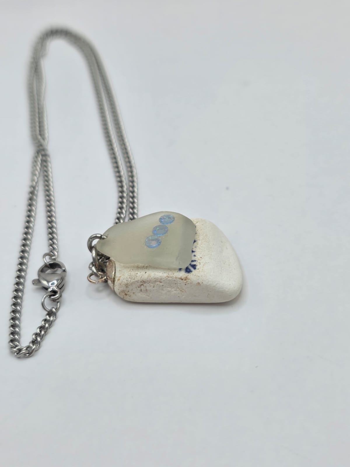 Genuine Sea Glass & Sea Pottery Necklace with Sparkling Rhinestones, Hand-Collected Frosted Sea Glass Double Pendant