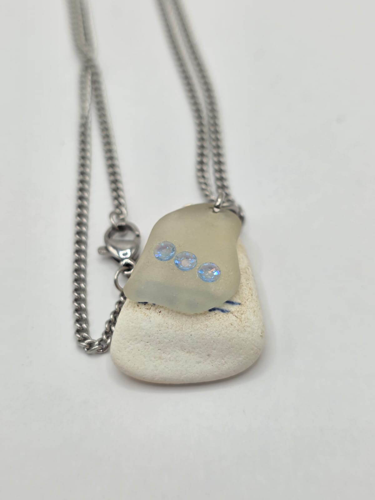 Genuine Sea Glass & Sea Pottery Necklace with Sparkling Rhinestones, Hand-Collected Frosted Sea Glass Double Pendant