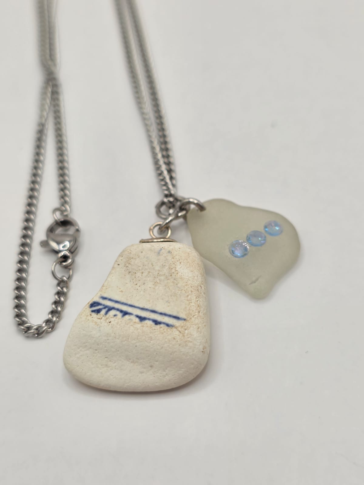 Genuine Sea Glass & Sea Pottery Necklace with Sparkling Rhinestones, Hand-Collected Frosted Sea Glass Double Pendant