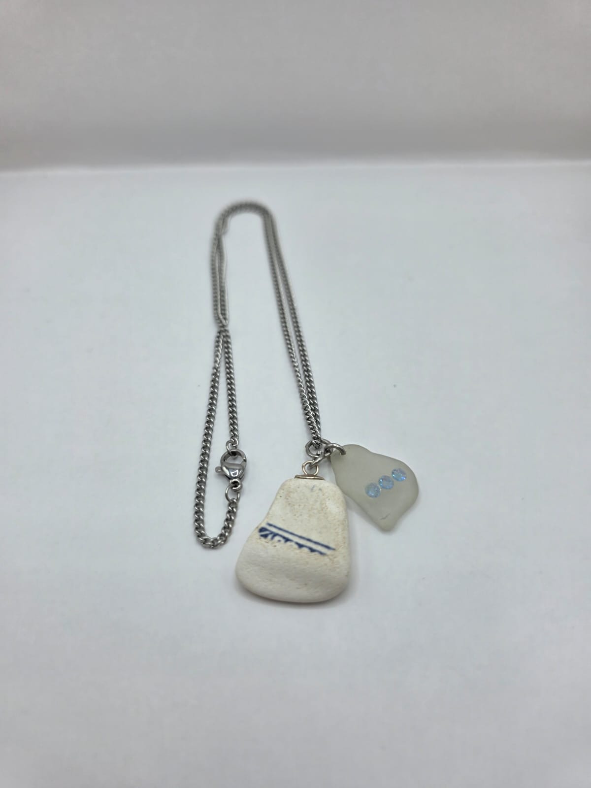 Genuine Sea Glass & Sea Pottery Necklace with Sparkling Rhinestones, Hand-Collected Frosted Sea Glass Double Pendant