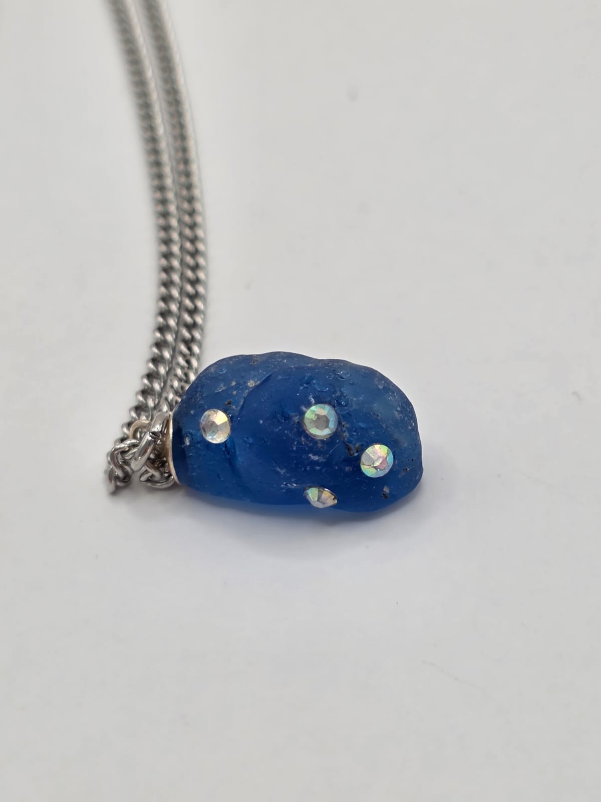 Genuine Blue Sea Glass Necklace with Sparkling Rhinestones, Hand-Collected Frosted Sea Glass Pendant