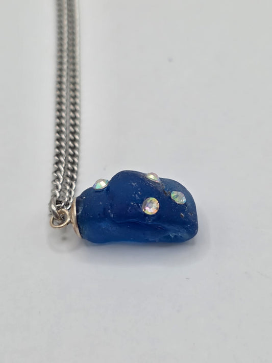 Genuine Blue Sea Glass Necklace with Sparkling Rhinestones, Hand-Collected Frosted Sea Glass Pendant