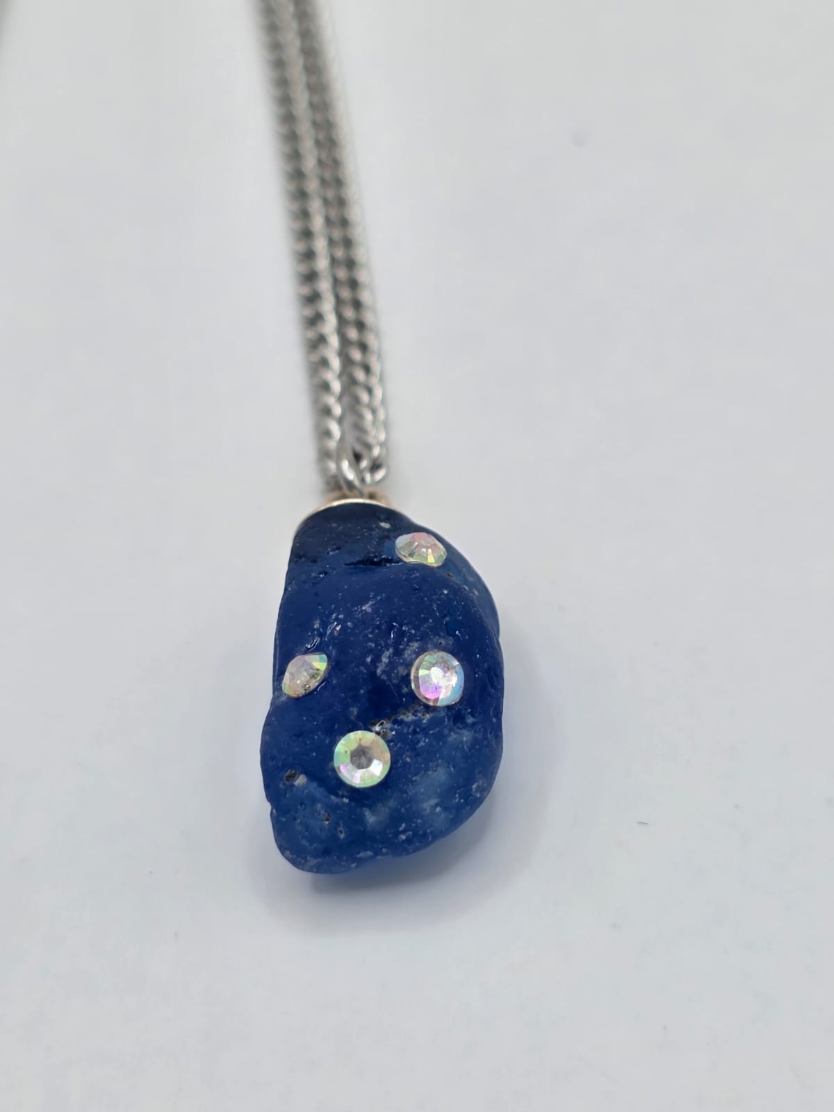 Genuine Blue Sea Glass Necklace with Sparkling Rhinestones, Hand-Collected Frosted Sea Glass Pendant