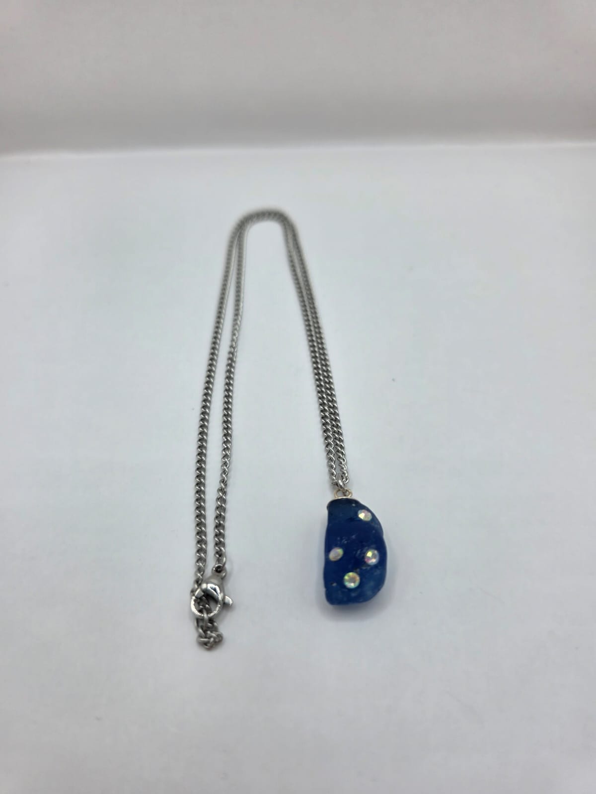 Genuine Blue Sea Glass Necklace with Sparkling Rhinestones, Hand-Collected Frosted Sea Glass Pendant