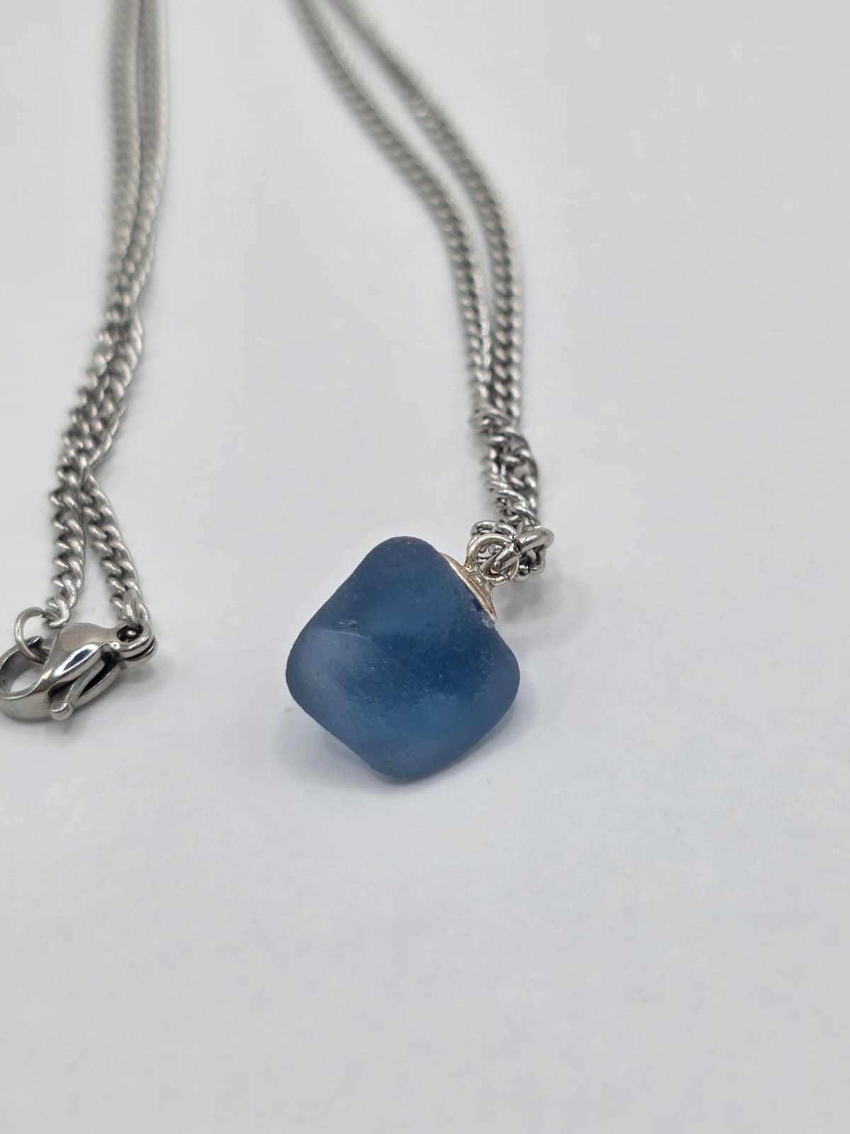 Genuine Blue Sea Glass  Necklace with Sparkling Rhinestones, Hand-Collected Frosted Sea Glass Pendant