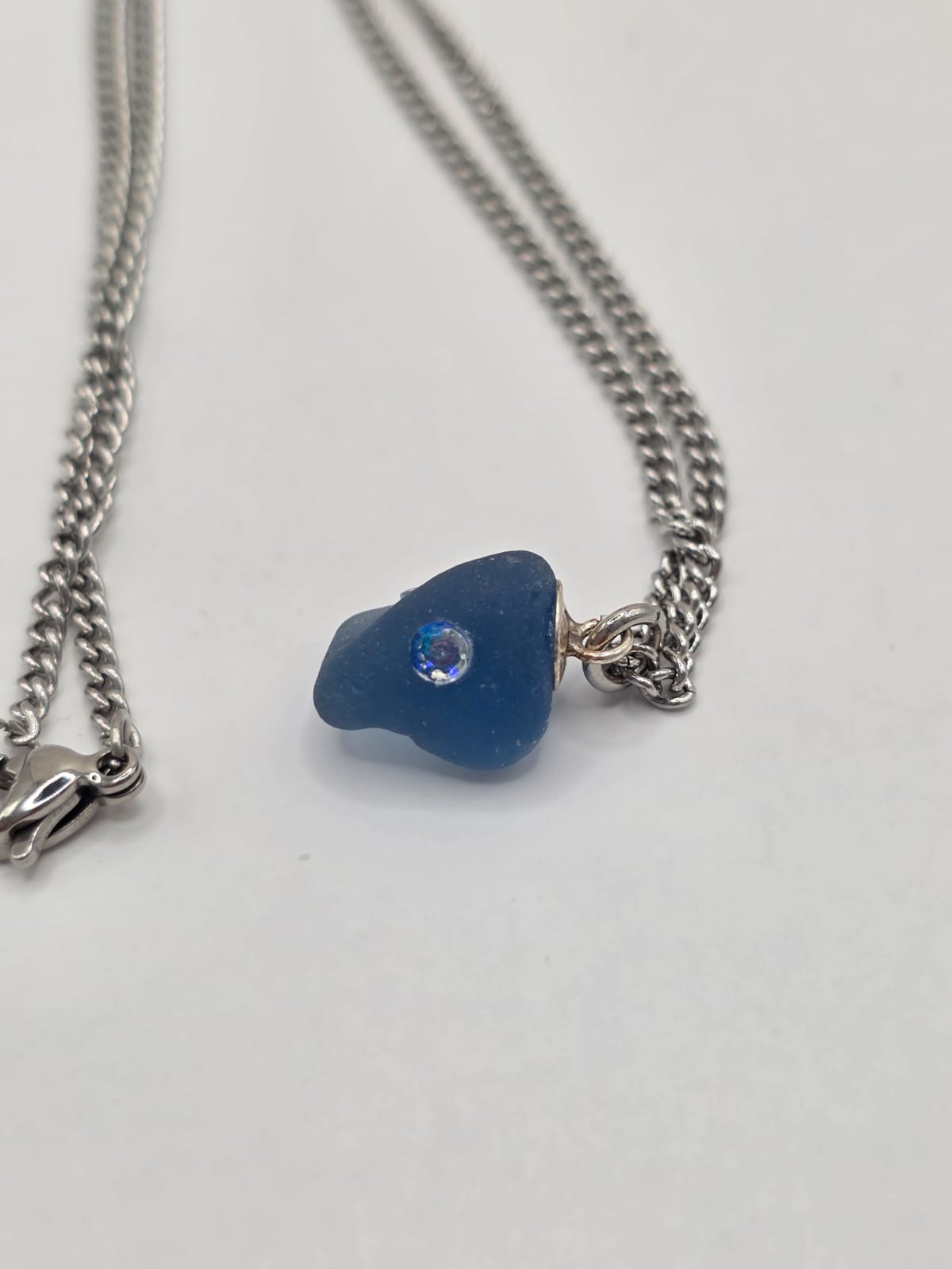 Genuine Blue Sea Glass  Necklace with Sparkling Rhinestones, Hand-Collected Frosted Sea Glass Pendant