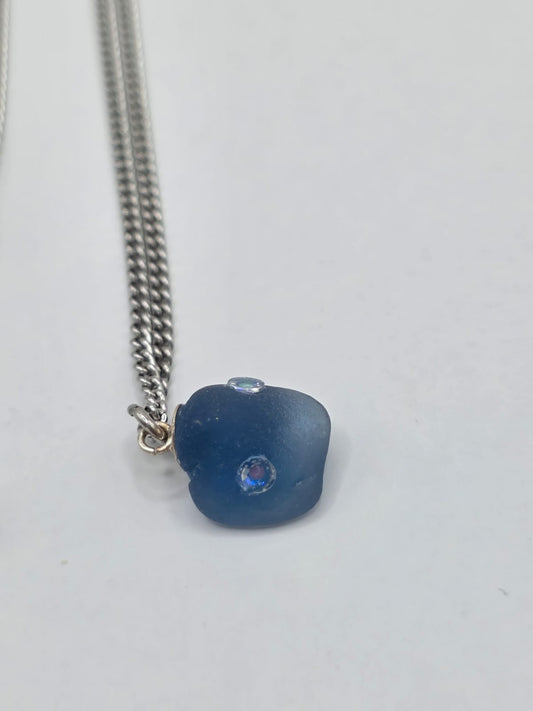 Genuine Blue Sea Glass Necklace with Sparkling Rhinestones, Hand-Collected Frosted Sea Glass Pendant