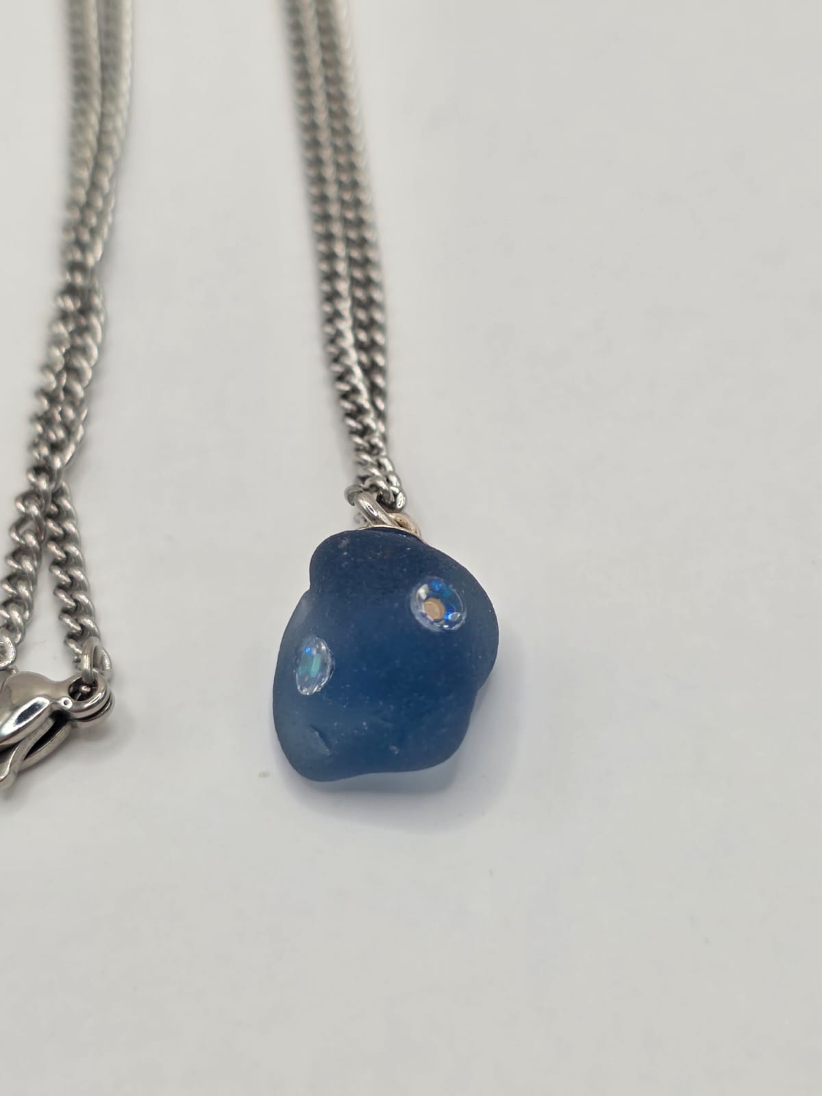 Genuine Blue Sea Glass  Necklace with Sparkling Rhinestones, Hand-Collected Frosted Sea Glass Pendant